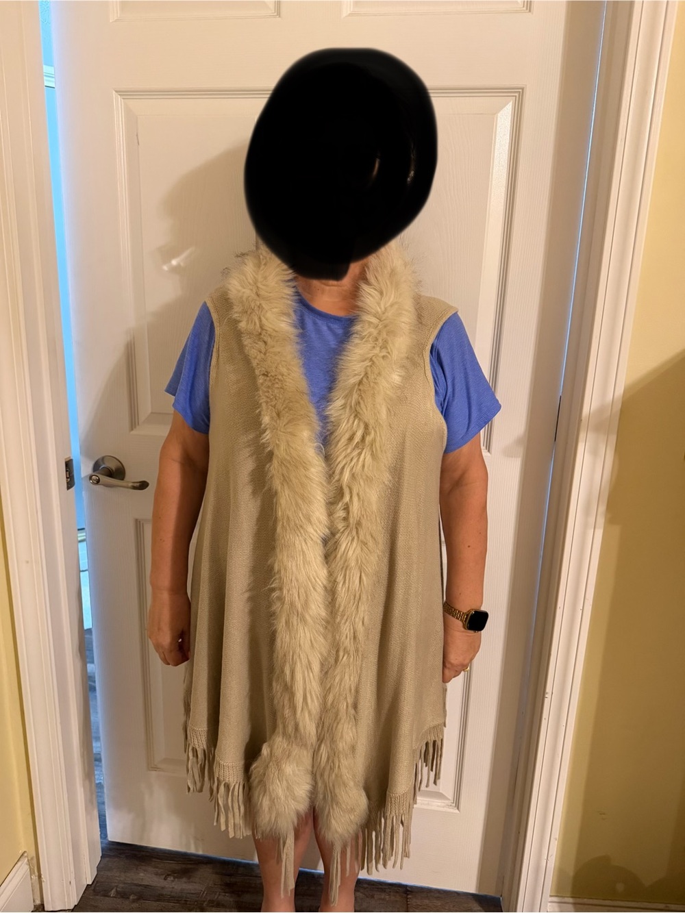 Cream Faux Fur-Trim Sweater Vest with Fringe